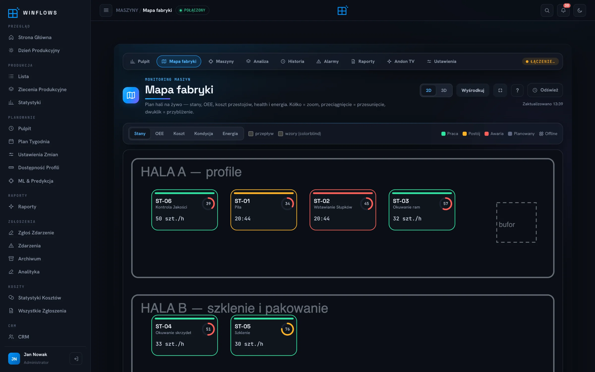 Monitoring maszyn: plan hali ze stanem maszyn