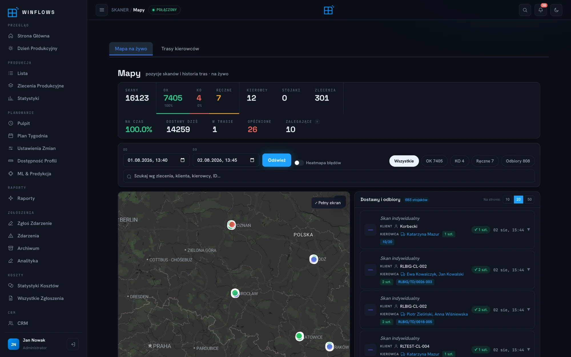 Mapa ze skanami kierowców i statusami dostaw